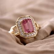 Emerald Cut Pink Tourmaline Halo Diamond Ring