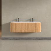 Kensington Solid Wood Wall Mounted Dual Oval Basin Fluted Bathroom Vanity Unit With Side Cabinets 1400mm.