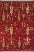 Red Floral,Scandi,Persian &amp; Oriental Area Rug in Small size, Hand Woven using Tencel with Green, Yellow, Cream and Traditional Vintage design in 90 x 