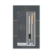 parker jotter duo gift set with ballpoint pen &amp; fountain pen stainless steel with gold trim blue ink refill &amp; cartridges image