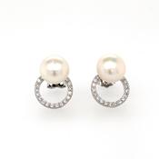 silver pearl and cz circle stud earrings 8.5mm � image