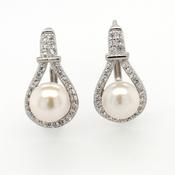 silver round pearl trardrop cz set leverback earrings 7mm image