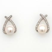 silver round freshwater pearl and cz wishbone stud earrings 7mm image
