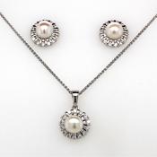 silver pearl and cz cluster stud earring and pendant set 6mm� image