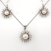 silver pearl-cz sun burst cluster earwire earrings &amp; pendant set 8mm-9mm�on 45cm chain   a image