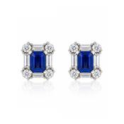 18ct Gold Diamond &amp; Emerald Cut Sapphire Earrings image