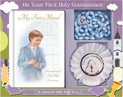 First Communion Gift Set Boy with Hardback Book, Blue Beads &amp;amp; Rosette