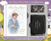 First Communion Gift Set Boy with Hardback Book, Black Rosary Purse &amp;amp; Hematite Bead.