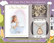 First Communion Gift Set Girl with Paperback Book, Imitation Pearl Bead &amp;amp; Enamel Pearl Inlay Medal