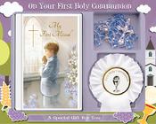 First Communion Gift Set Boy with Hardback Book Beads &amp;amp; Rosette