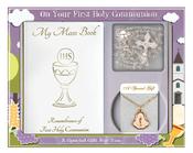 First Communion Girl Gift Set White Book With Pearl Inlay Necklace &amp;amp; Crystal Beads