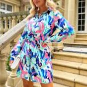 Jenna Long Sleeve Shirt Dress Blue Splash Print - Size 12 image