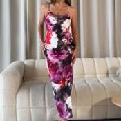 Selena Purple Splash Ruched Midi Dress - Size 18 image