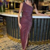 Dubai Plum Sparkle One Shoulder Gathered Midi Dress - Size 12