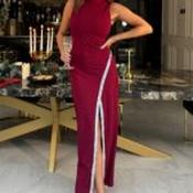 Thalia High Neck Maxi With Crystal Split Detail Wine - Size 08