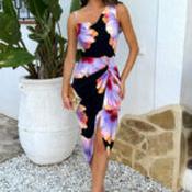 Tina Black And Lilac Floral Print Strap Detail Gathered Skirt Midi Dress - Size 10 image