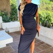 Amy Navy Off The Shoulder Draped Top Midi Dress - Size 10