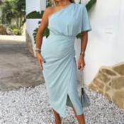 Maz Duck Egg One Shoulder Butterfly Sleeve Wrap Midi Dress - Size 10