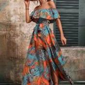 Women's Floral Print A Line Dresses Off Shoulder - Size M