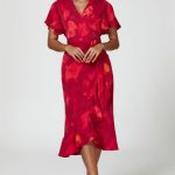 Sherry Abstract Print Angel Sleeve Wrap Midi Dress in Red - Size 10 image