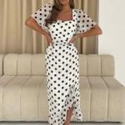 Heidi Black Spot Ruched Midi Dress - Size 10