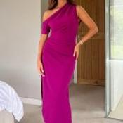 Donna Asymmetric Neckline Midi Dress Dark Fuchsia - Size 10