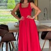 Erica Square Neck Pleated Midi Dress Red - Size 10