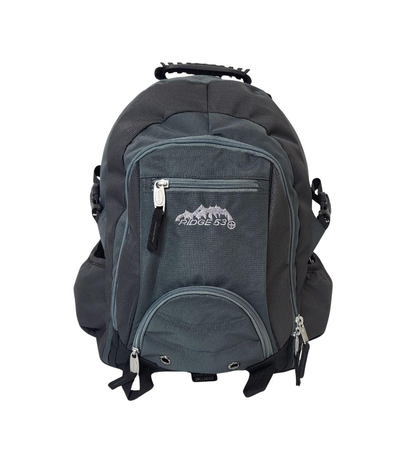 Ridge53 Bolton Backpack Charcoal Nylon Waterproof Rain Cover Padded Straps Air Channel Back Organizer Pockets Durable Handle Zip Pockets Side Pockets