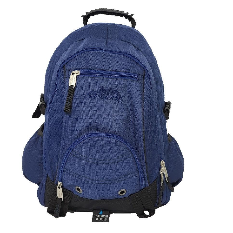 Ridge53 Bolton Backpack Navy O/S Nylon Waterproof Rain Cover Triple Stitched Padded Shoulder Straps AirChannel Lumbar Support Durable Handle Interior Organiser Pockets Water Bottle Side Pockets