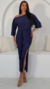 Vendy Off the Shoulder Plisse Dress in Navy