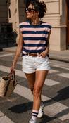 Pink and Navy Striped T-shirt with Shoulder Pads  image