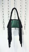 Handmade Crochet and faux leather Handbag with Fringes in Green and Black image