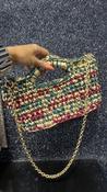 Handmade Crochet bag in Burgundy, Green and Gold with Gold Chain Handle image