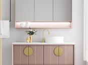 Pink Oak Floor Vanity with Marble Top &amp; Round Mirror – Custom Made Bathroom Vanity image