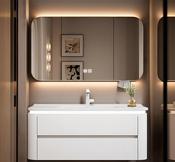 White Oak Wall-Mounted Vanity with Curved Smart Mirror – Custom Made Bathroom Vanity image
