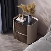 Custom Made Italian Curved Bedside Table – Rock Board Top with Leather-Wood Finish Nightstand image