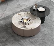 Custom Made Nordic Round Marble Top Center Table and Glass Side Table for Home Use Living Room 2 PCS Coffee Table Set with Wood Drawer image