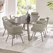 Callisto 6 Seater Dining Set - Smoked Bubble GlassBeige Faux Table and Chairs image