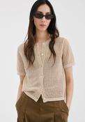 Short Sleeved Openwork Knitted Cardigan - Brown