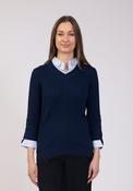 Cable Knit Sweater With Pinstripe Shirt Insert - Blue