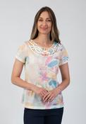Floral Print Lace Neck Detail T Shirt - Orange image