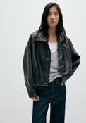 Leather Effect Jacket With Collar - Black