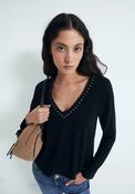 Studded V-Neck Long Sleeve Top - Black