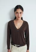Studded V-Neck Long Sleeve Top - Brown