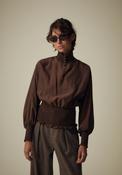 Elastic Neck Long Sleeve Top - Brown