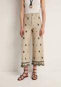 Embroidered Linen Blend Loose Trousers - Beige image