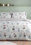 100% Brushed Cotton Christmas Penguins Reversible Duvet Cover Set - Green