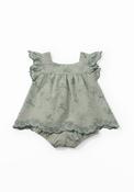 Embroidered Knit Blouse Set - Green