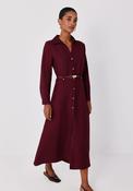 Viscose Lapel Shirt Midi Dress - Maroon
