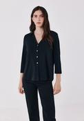 Soft V Neck Front Button Basic Shirt - Black